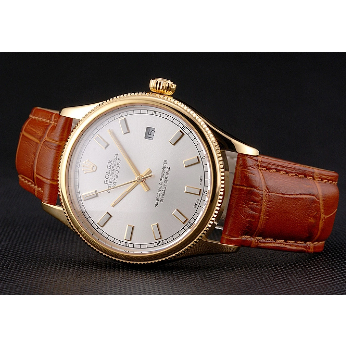 Aaa replica watch Strap Rolex Brown Dial Leather Datejust Swiss Gold Case White Light 0724
